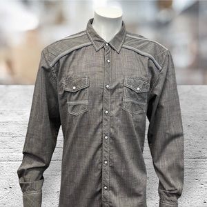 BKE Buckle Men’s Gray Western Distressed Long Sleeve White Pearl Snap Shirt XL
